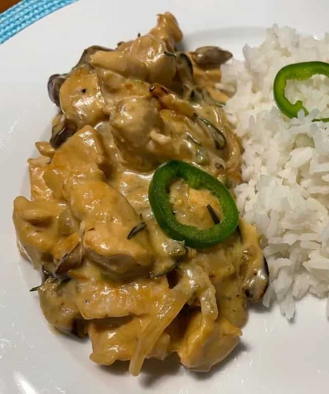 nicaragua creamy jalapeno chicken on a plate with rice