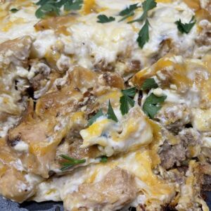 beef and chicken chilaquiles in a pan