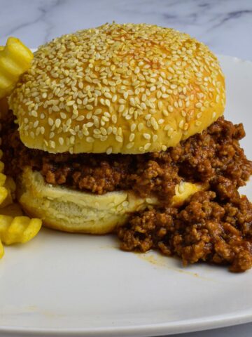sloppy joe on a sesame seed bun with french fries