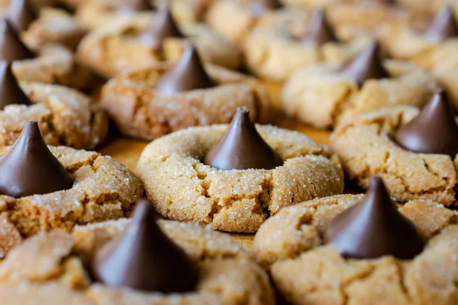 peanut butter blossom cookies in rows
