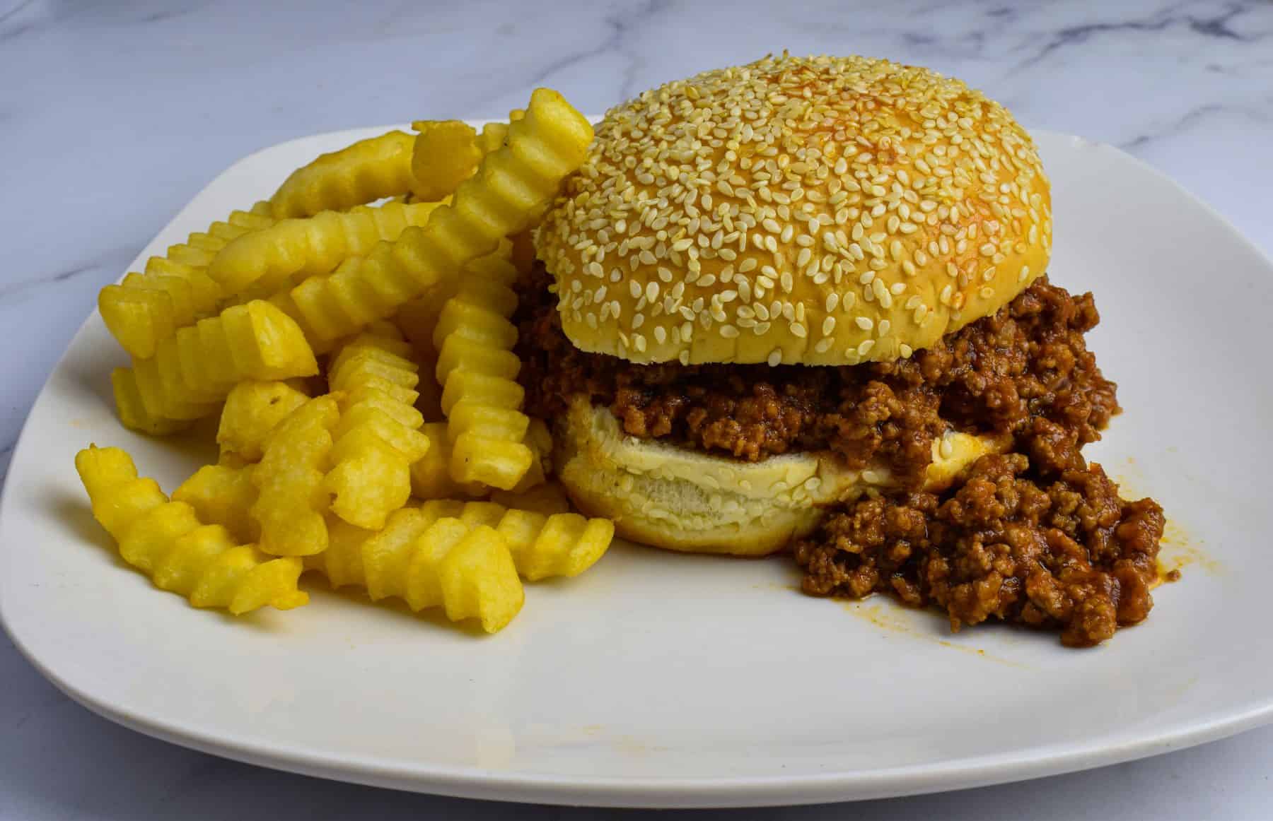 sloppy joe on a sesame seed bun with french fries