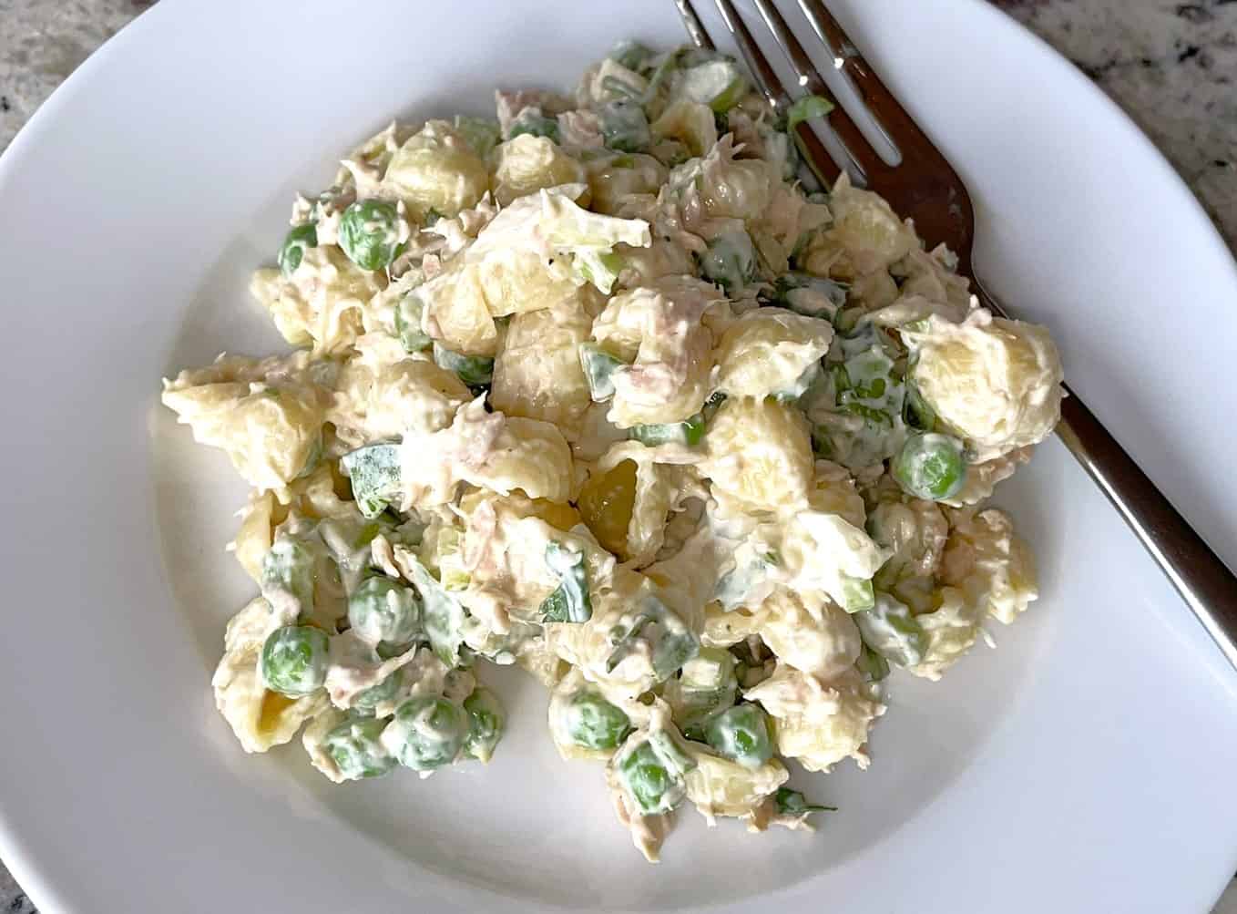 tuna and pasta salad on a plate