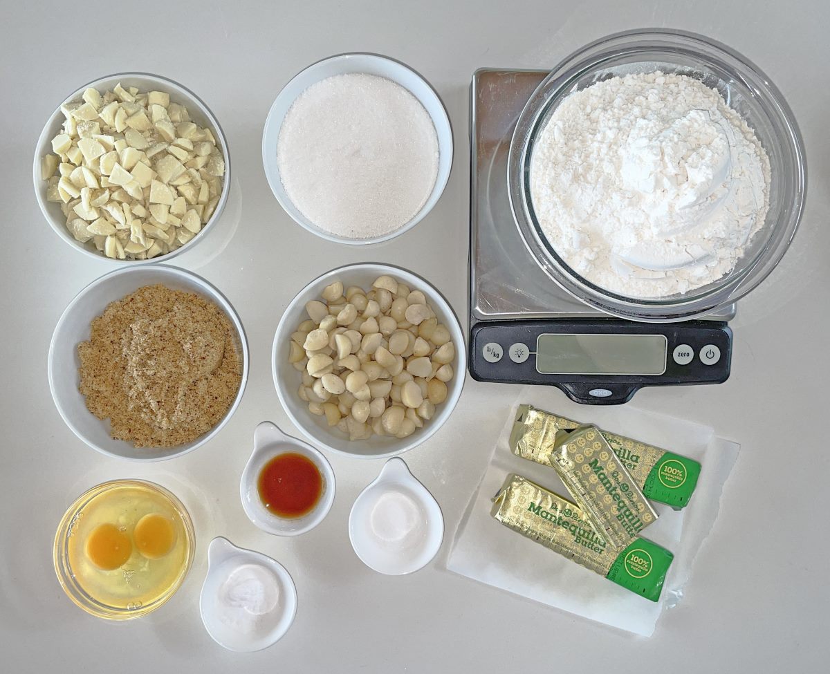 ingredients prepped for making white chunk macadamia nut cookies