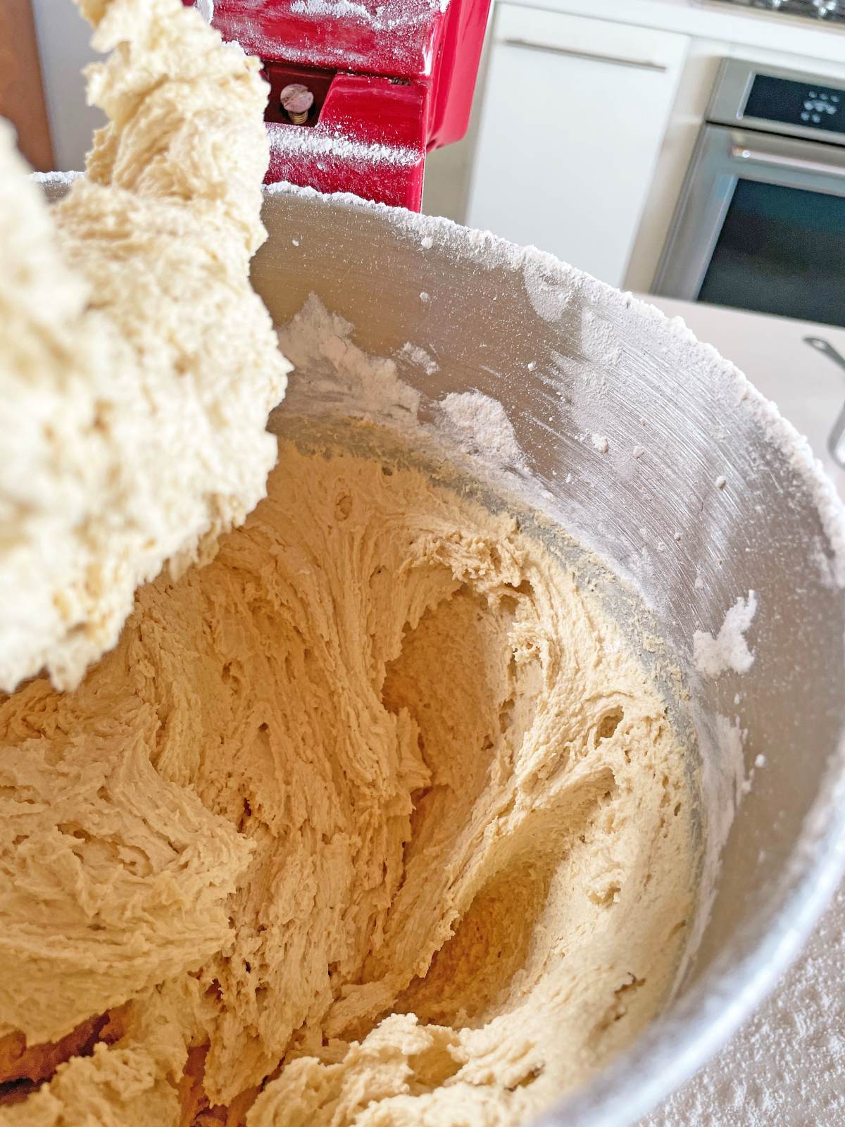 closeup of cookie dough in a stand mixer