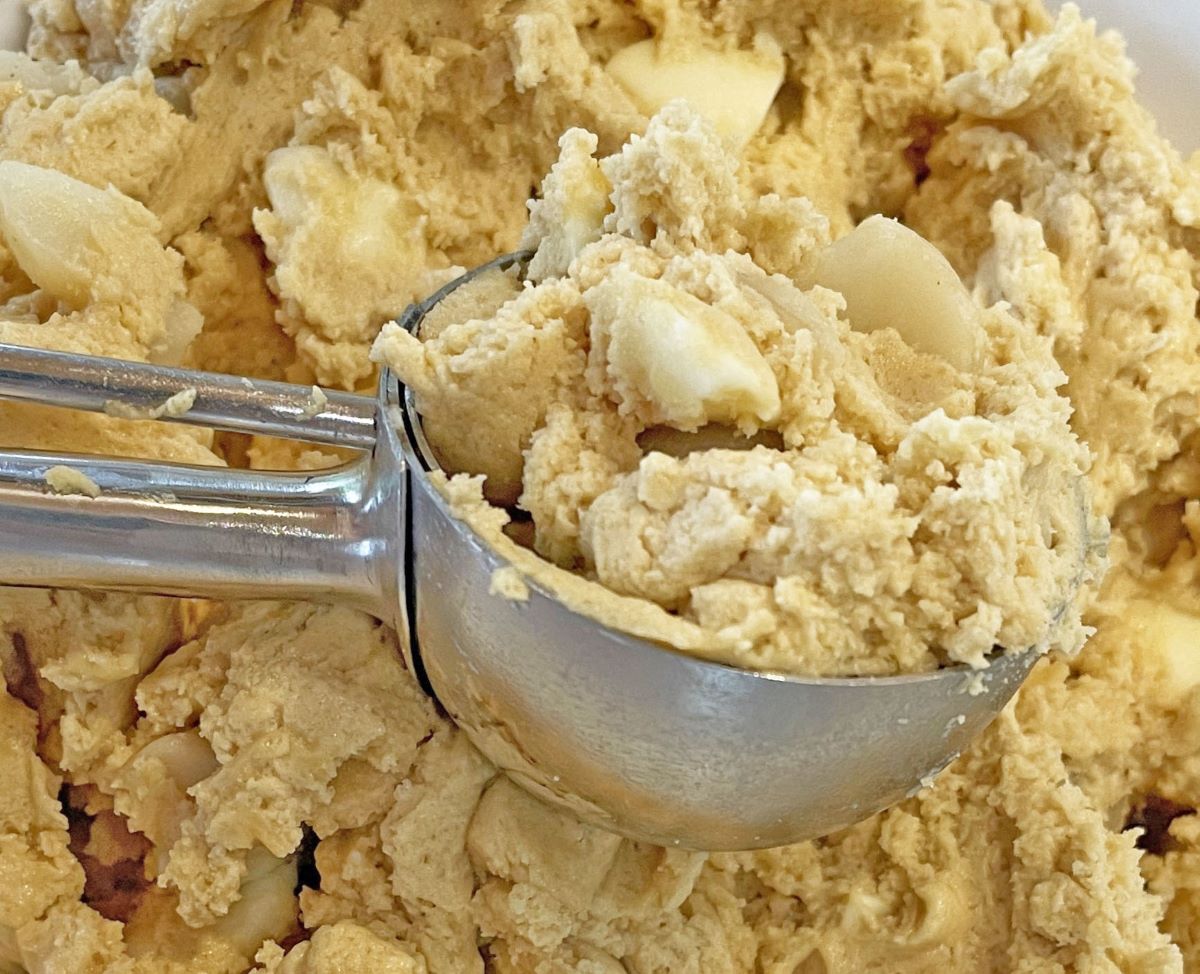 a 3-tablespoon cookie dough scoop with cookie dough in it